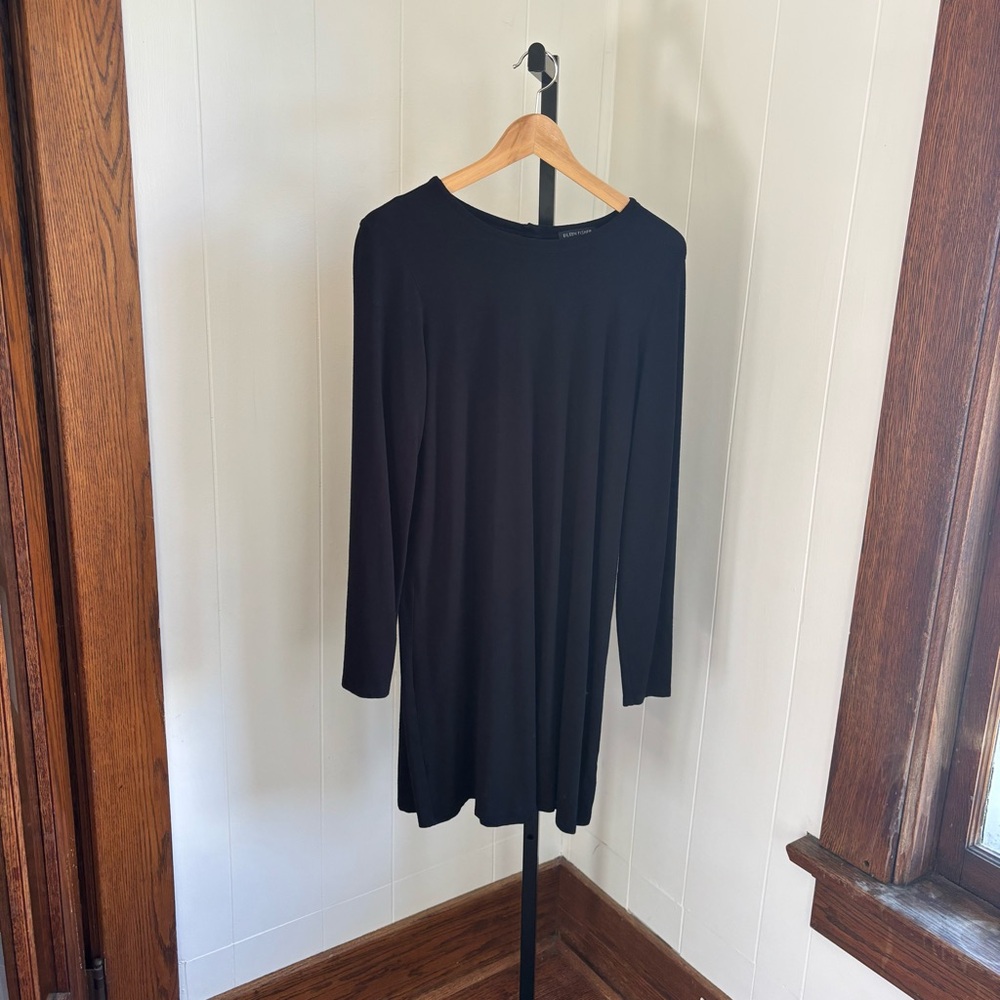 Eileen Fisher Women’s M Black Stretch Shift Dress Long Sleeve Classic Minimalist